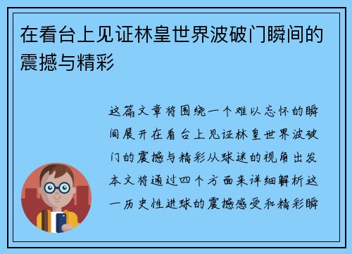 在看台上见证林皇世界波破门瞬间的震撼与精彩