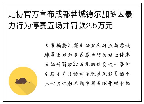 足协官方宣布成都蓉城德尔加多因暴力行为停赛五场并罚款2.5万元